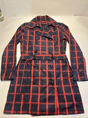 NWOT Ralph Lauren Women Navy Red Plaid Double Breasted Belted Trench Coat XS